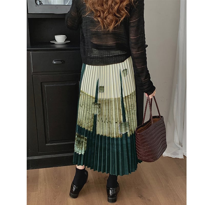 [XIAOYOUGU series] ★China style skirt★ Oil painting style pleated skirt Retro cute Easy to match for commuting, dating, etc.