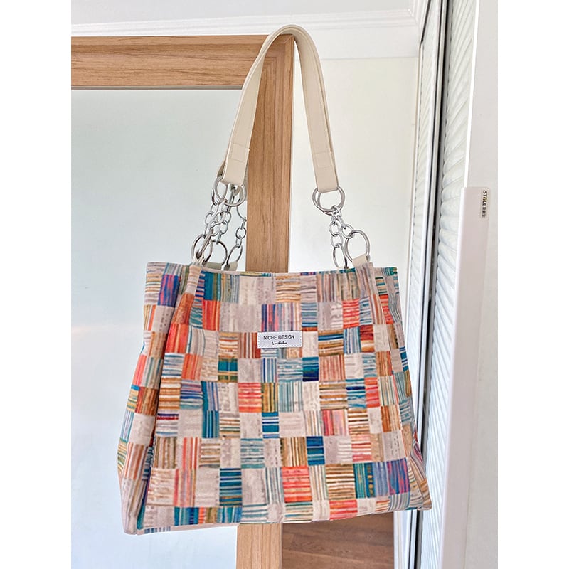 [JaneBeauty Series]★Bag★ Shoulder Large Capacity Graffiti Print Commuting Office Lady Date School Plaid Pattern Graffiti Color