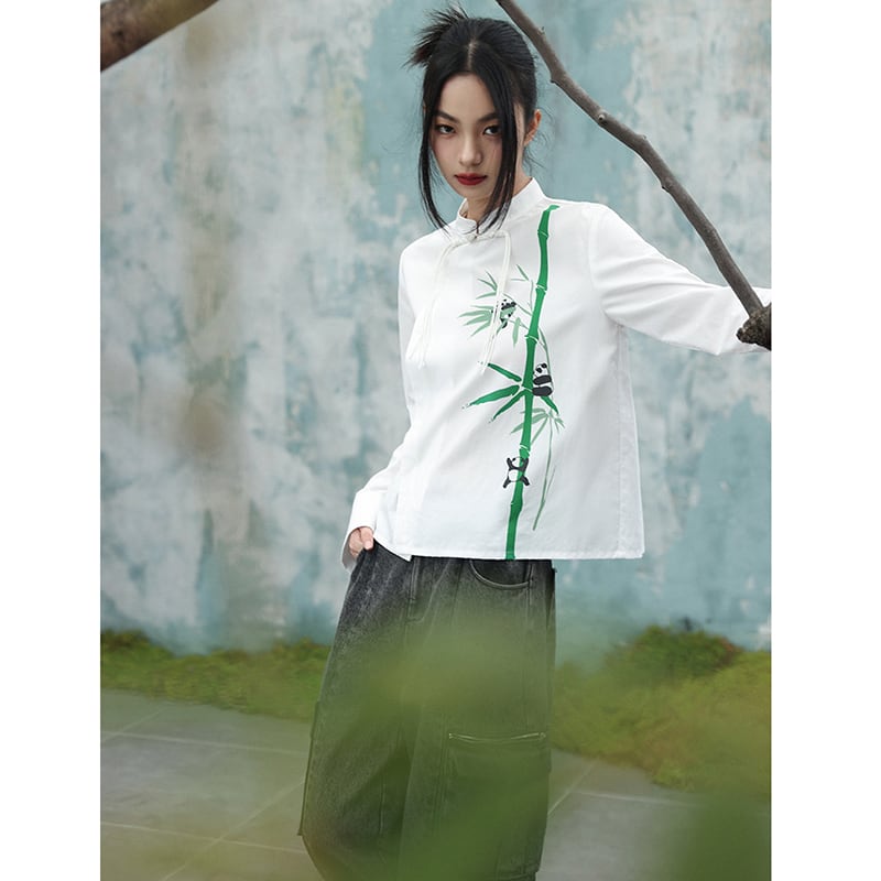 [Da Qinglong Shu Series] ★Chinese style tops★ Shirt, long sleeve shirt, bamboo panda print, white, white