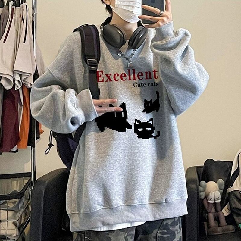 [XIHA Series] ★Tops★ 8color Sweatshirt Unisex Men's Large Size Cat Cat Blue White Black Gray Red Green