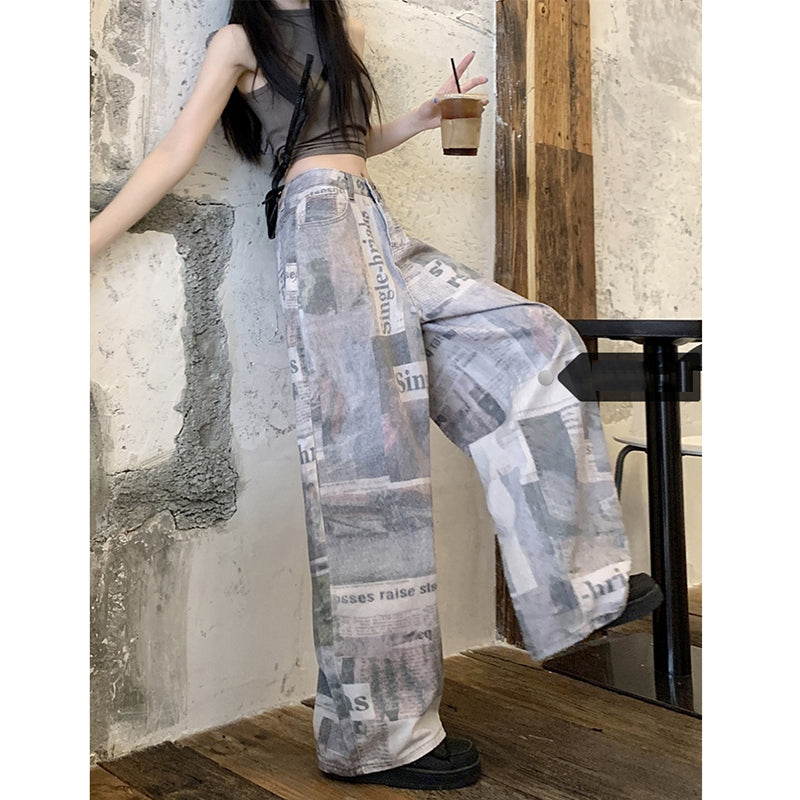 [OURI Series] ★Denim pants★ Trousers Bottoms Casual Ladies Retro Print Improve your style