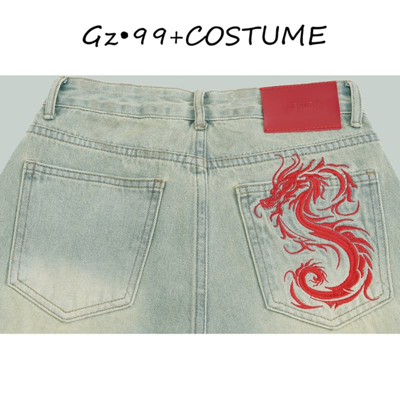 [GZ・99 Series]★China style pants★ 2color bottoms denim pants dragon pattern dragon pattern blue blue