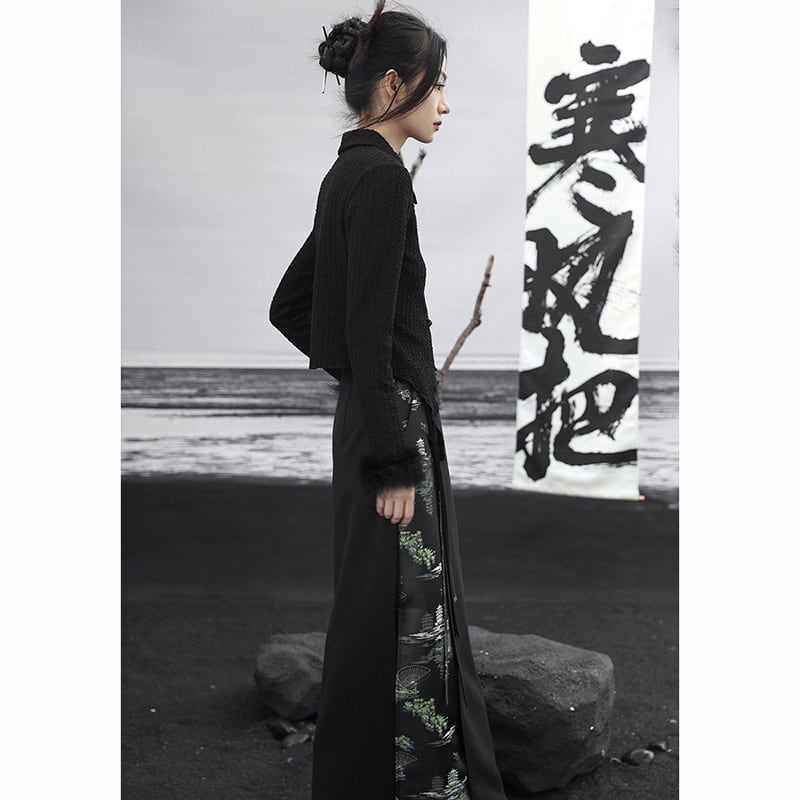 ✿New item! [Da Qinglong Shu Series] ★Chinese style skirt★ Bottoms switching black black Hanfu skirt retro