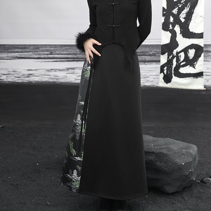 ✿New item! [Da Qinglong Shu Series] ★Chinese style skirt★ Bottoms switching black black Hanfu skirt retro