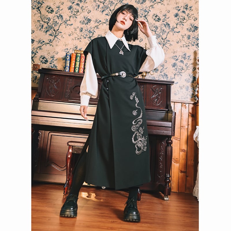 ✿New item! [Old Monster---Tatsuryu Series] ★Chinese style dress★ Sleeveless Hanfu dress Black Black