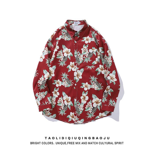 [MOISHE TIDE Series]★Shirt★ Tops, long sleeve shirt, floral pattern shirt, unisex, men's, red, Harajuku style