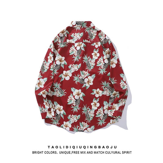 [MOISHE TIDE Series]★Shirt★ Tops, long sleeve shirt, floral pattern shirt, unisex, men's, red, Harajuku style