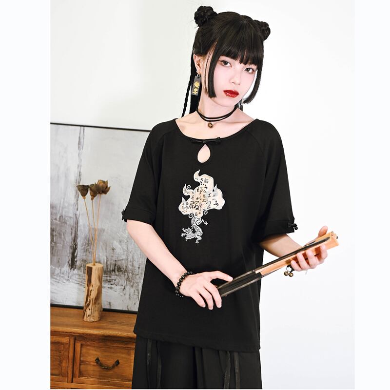 [Kokaisha --- Kirin Series] ★China style top★ T-shirt embroidered cotton Easy to match Black Black