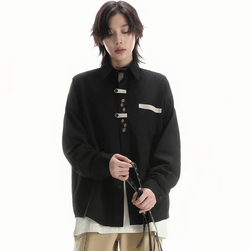 [SAMEUOO Series]★Shirt★ 2color Embroidery Long Sleeve Shirt Tops Unisex Men's Apricot Black