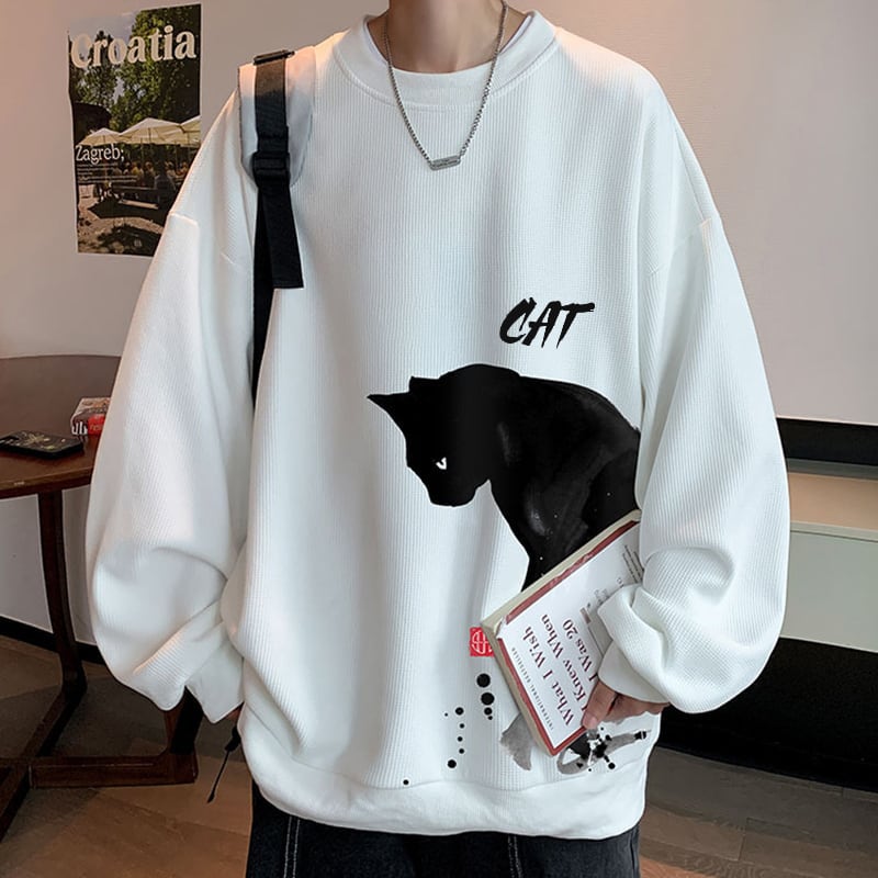 [WUSHE Series] ★Tops★ 4color long sleeve tops sweatshirt unisex men's large size cat cat cat black white gray blue