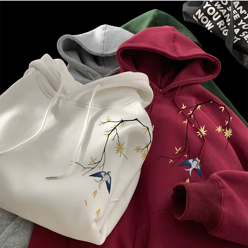 [V37 Series]★China style hoodie★ 8color tops unisex men's floral pattern bird print blue black white green red gray