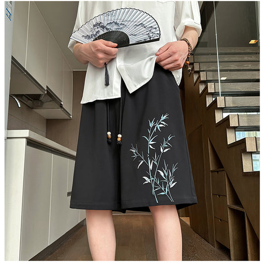 [BIGEMAN Series] ★Chinese-style pants★ 2 colors Embroidered bamboo shorts Bottoms Short pants Unisex Men's Black White