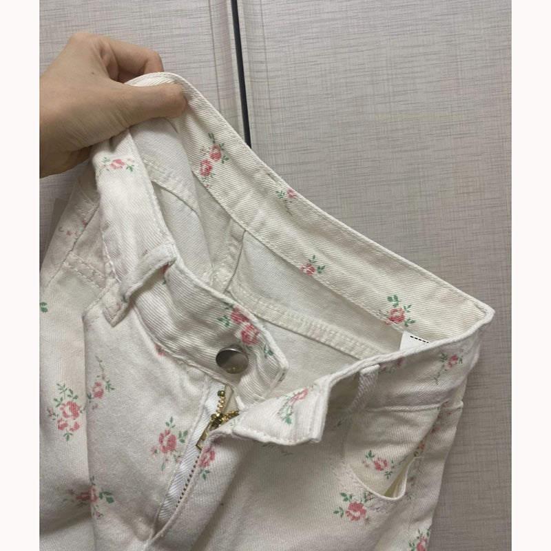 [OURI Series] ★Denim pants★ Trousers Bottoms Floral Casual Cute White Women's Fashionable