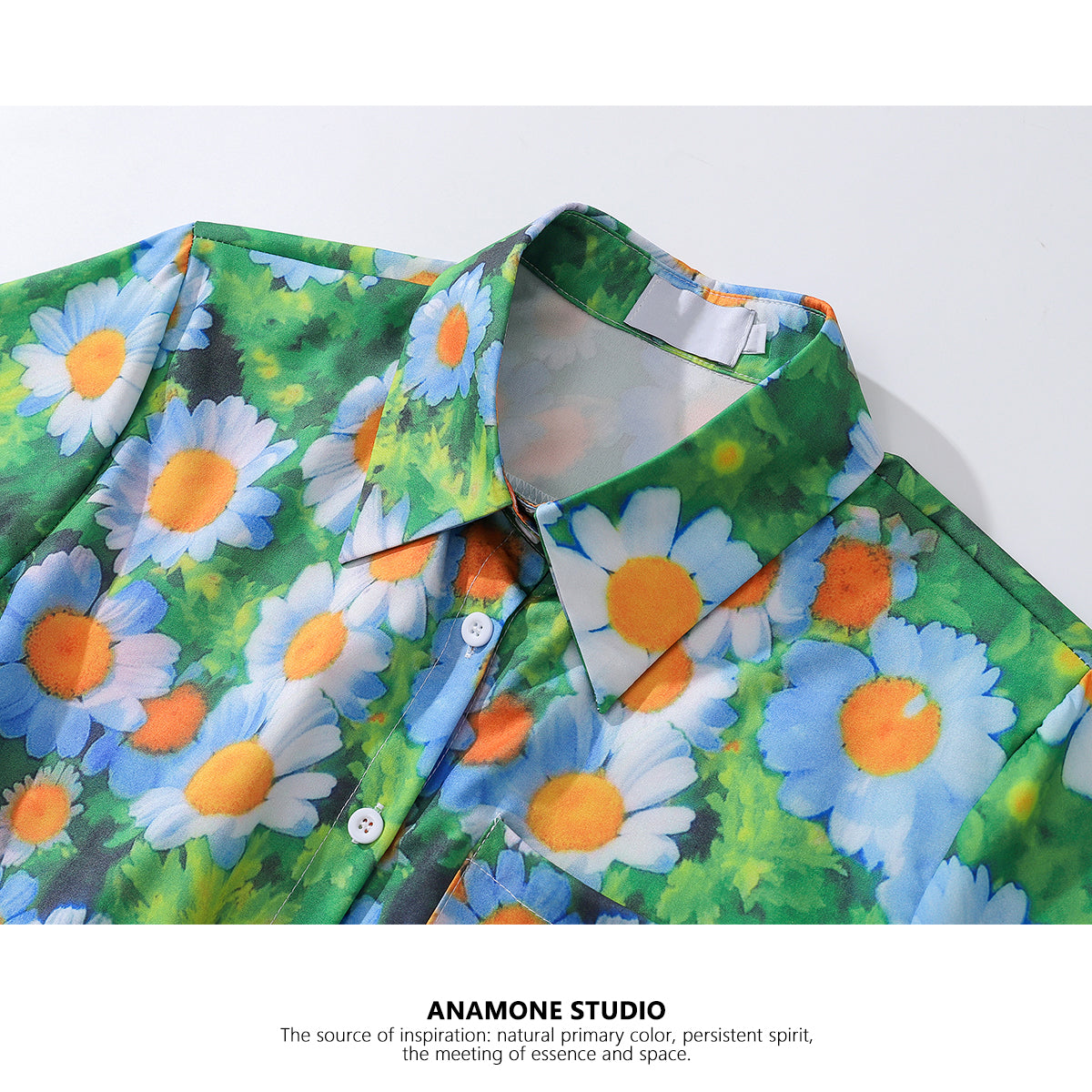 【ANAMONE STUDIOシリーズ】★花柄シャツ★ トップス 半袖シャツ S M L ショート丈 プリント 油絵風 緑 グリーン