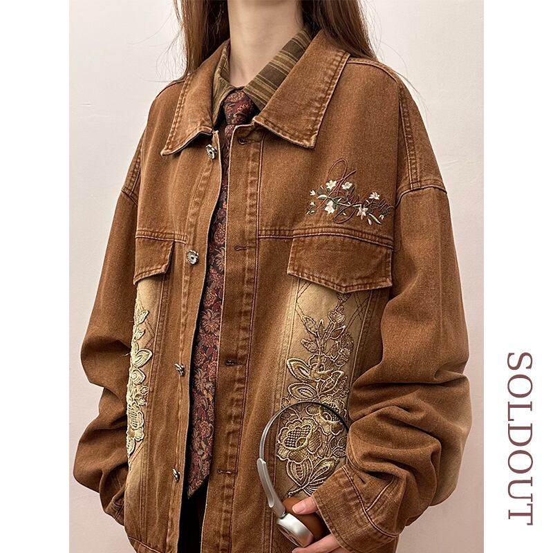 ✿New item! [SOLDOUT Series]★Denim Jacket★ Embroidery Floral Pattern Outerwear Switching Unisex Men's Design Retro Brown