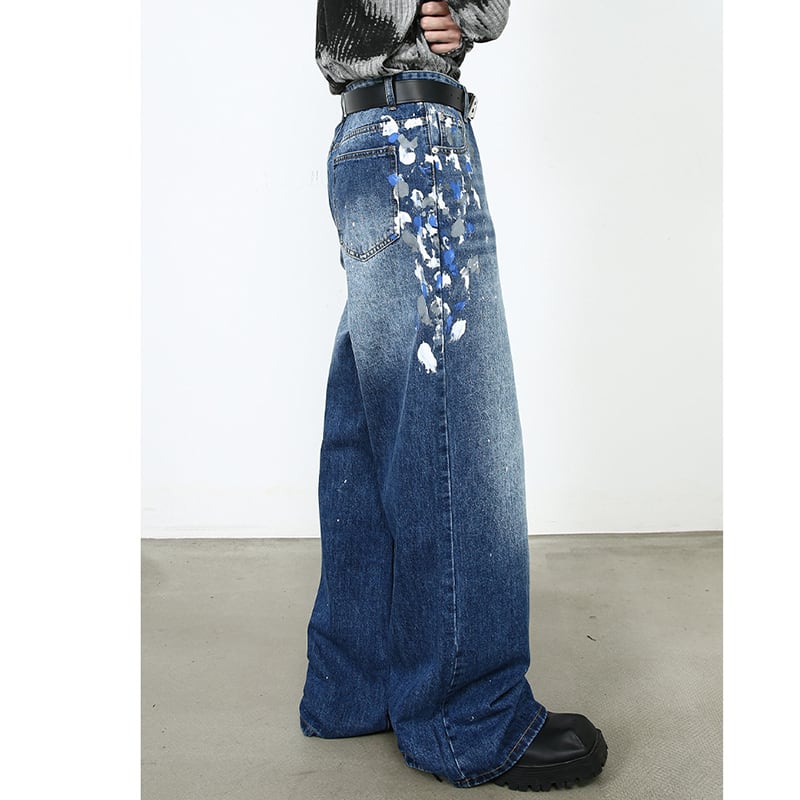 [M7 Series]★Denim Pants★ 2color Pants Bottoms Unisex Men's Graffiti Print Black Blue