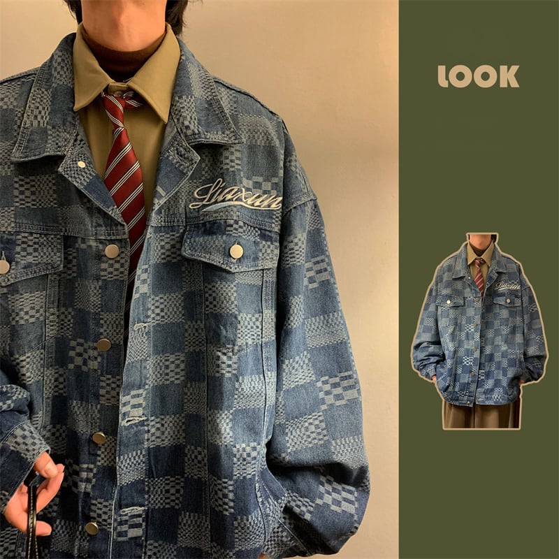 [BAOYAN Series] ★Jacket★ Denim jacket outerwear jeans unisex men's plaid pattern blue blue