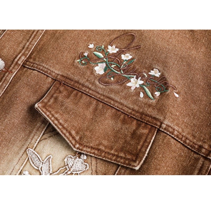 ✿New item! [SOLDOUT Series]★Denim Jacket★ Embroidery Floral Pattern Outerwear Switching Unisex Men's Design Retro Brown