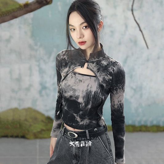 [Daiseiryusu Series] ★Chinese style tops★ T-shirt, tie-dye, slimming, fake layered, Chinese style