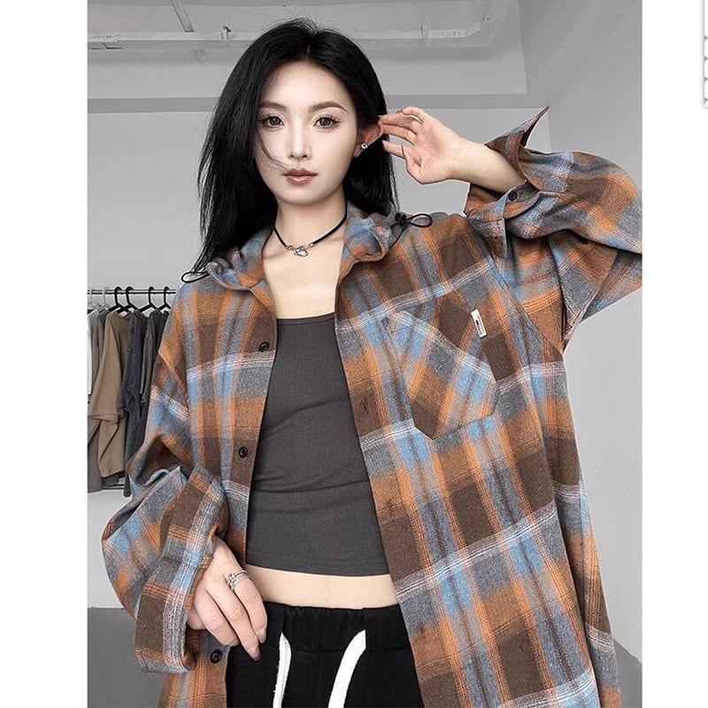 [CHAOMEICHEN Series] ★Outer★ 2color Shirt Outer Hood Plaid Pattern Unisex Men's Brown Blue