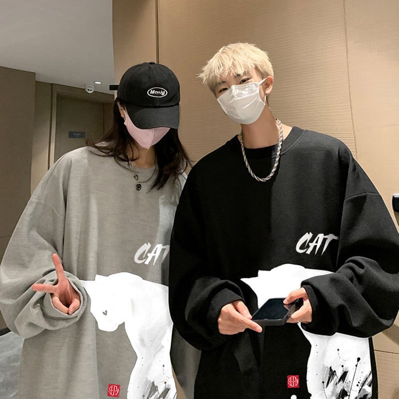 [WUSHE Series] ★Tops★ 4color long sleeve tops sweatshirt unisex men's large size cat cat cat black white gray blue