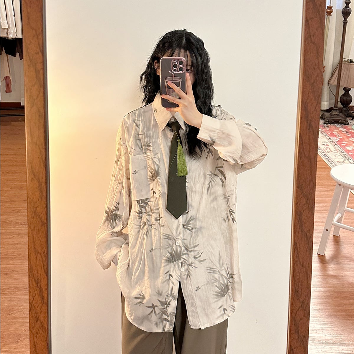 ✿New item! [UATONLINE series] ★China style shirt★ 2color shirt with tie, long sleeve shirt, tops, unisex, men's bamboo