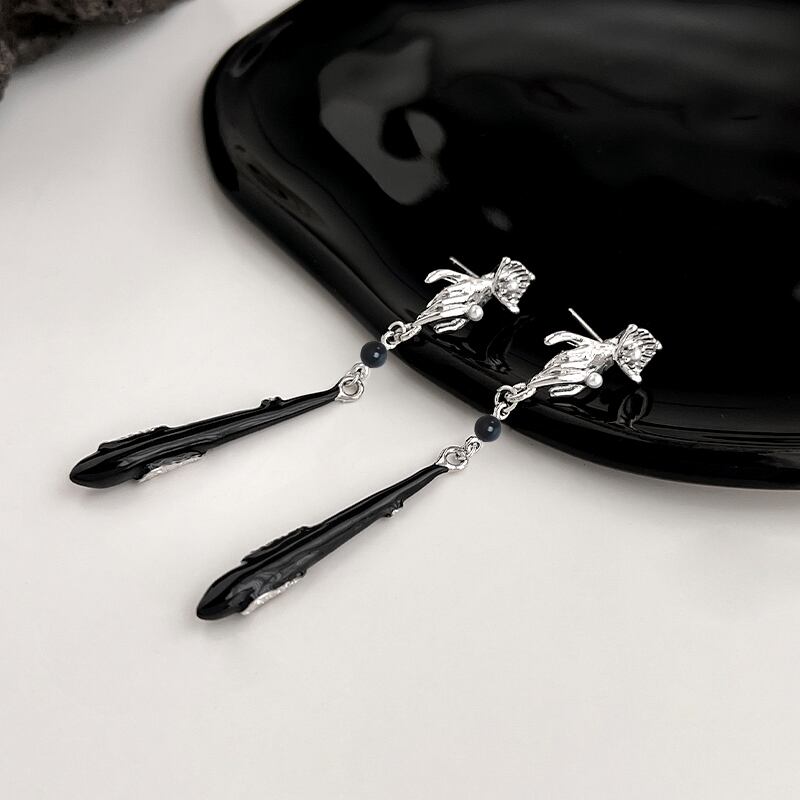 [Picalela Series]★China Style Earring★ Earrings Accessories Women's Long Length Improves Temperament Black