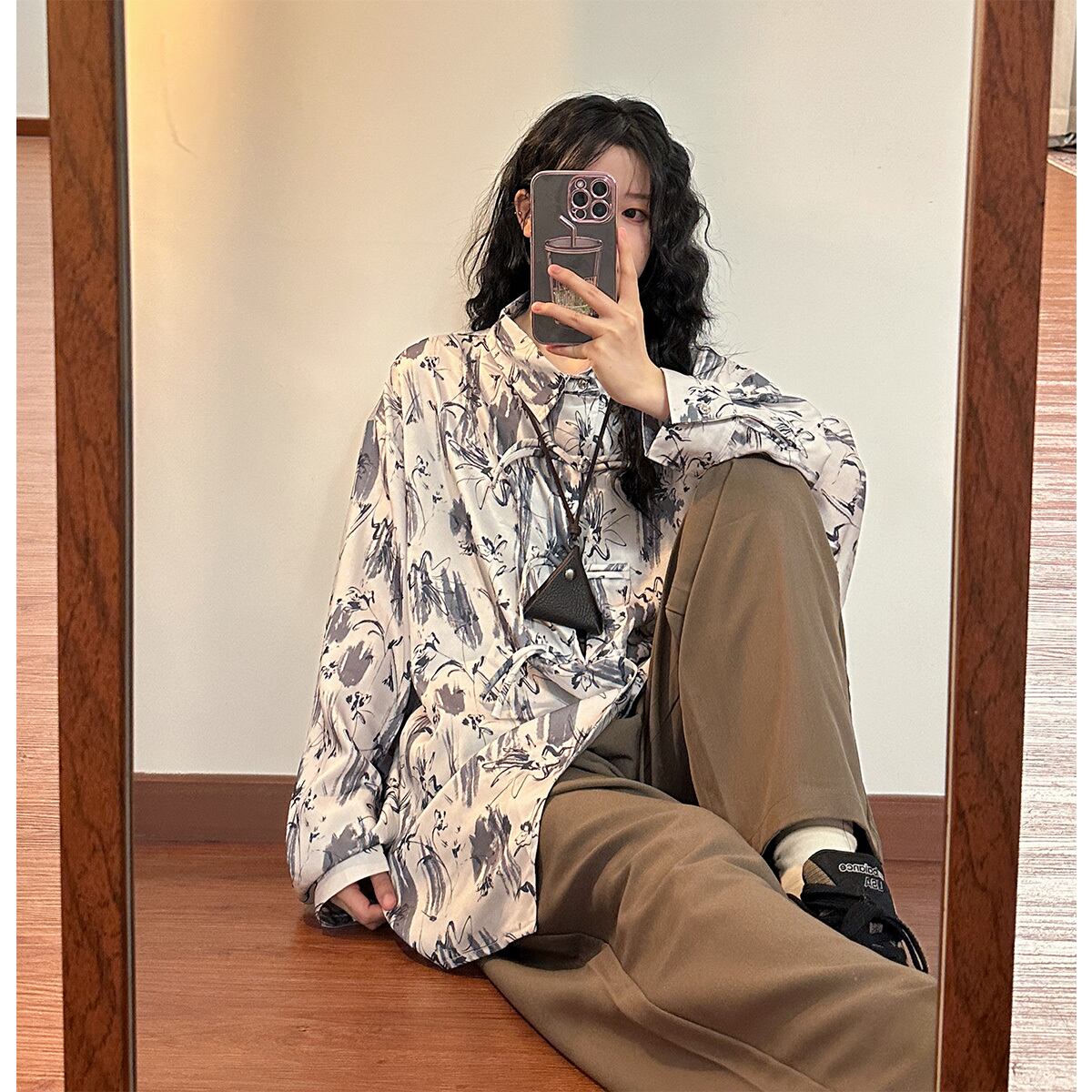 ✿New item! [UATONLINE Series] ★China style shirt★ Long sleeve shirt Ink pattern tops Unisex Men's China button