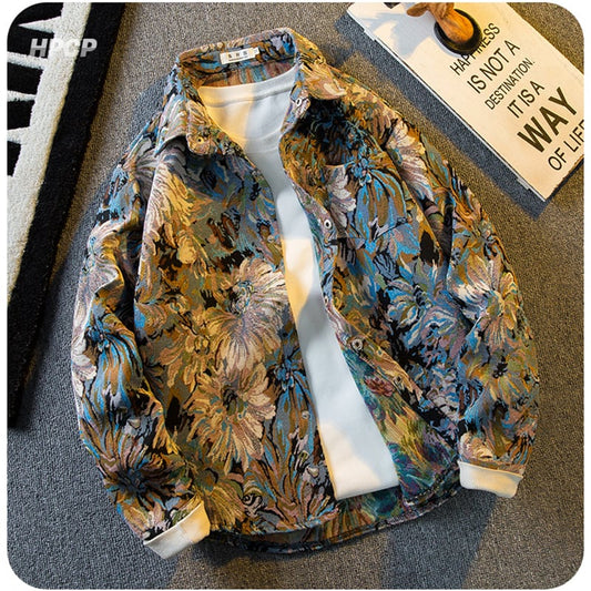 [HPCP Series]★Shirt★ Tops Unisex Men's Casual Oil Painting Style Floral Pattern Shirt Shirt Outerwear