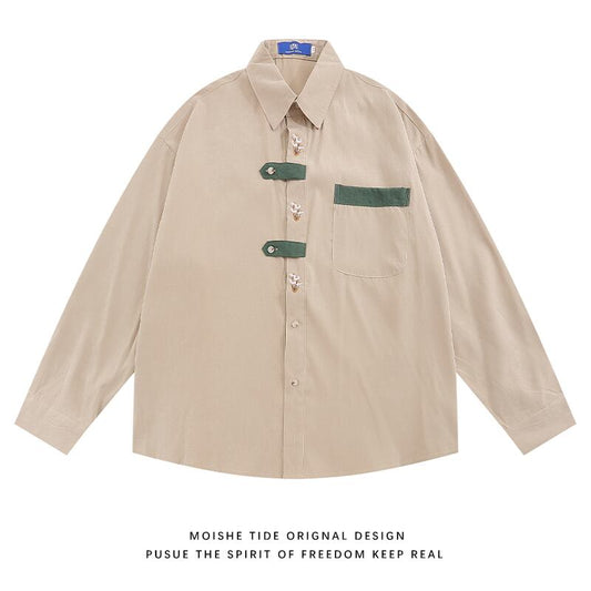 [MOISHE TIDE Series]★Shirt★ 2color Long Sleeve Shirt Tops Embroidery Unisex Men's Green Apricot