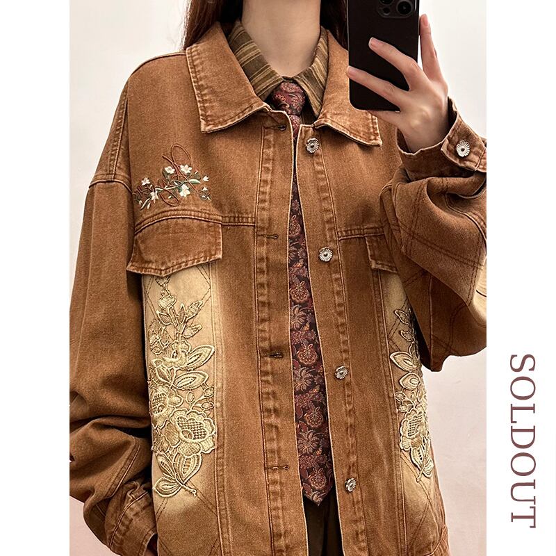 ✿New item! [SOLDOUT Series]★Denim Jacket★ Embroidery Floral Pattern Outerwear Switching Unisex Men's Design Retro Brown