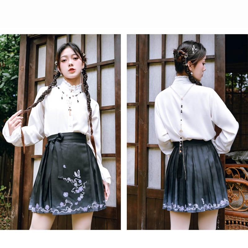 ✿New item! [Ancient monster house --- butterfly series] ★China style skirt★ Maki skirt bottoms short length black black Hanfu skirt