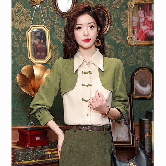 [HQE Series]★China style tops★ Shirt color scheme switching fake layered Chinese button green green