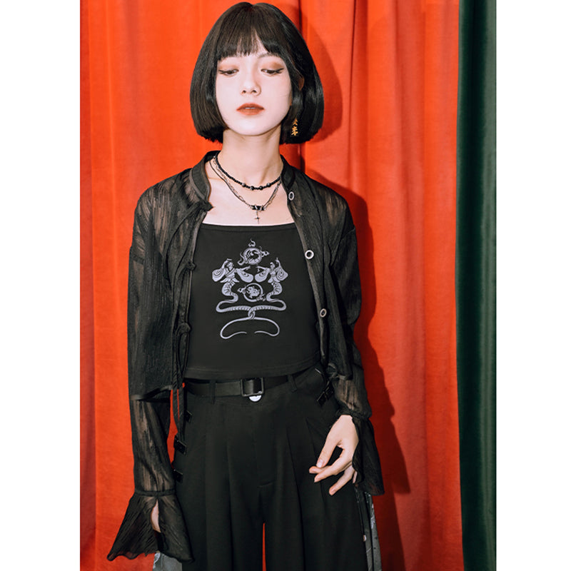 [Kokaisha---Ink collar series] ★Chinese style top★ Outer shirt, sun protection, unique, original, sheer, black