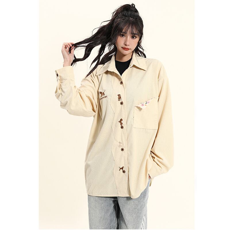 [YOYO Series]★Shirt★ 2color long sleeve shirt corduroy unisex men's cartoon apricot coffee color