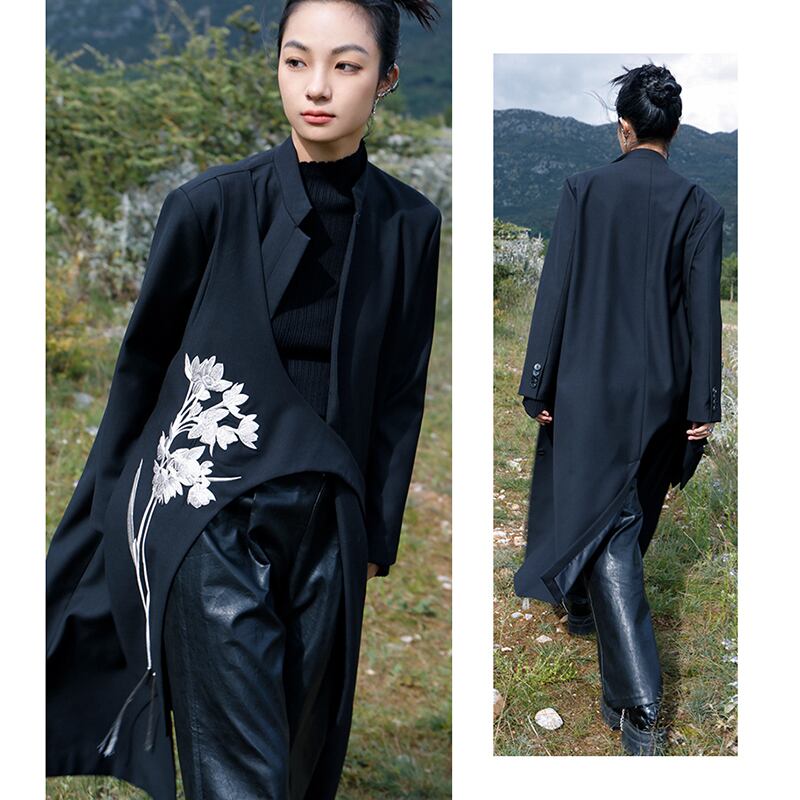 [Big Blue Dragon Series] ★China style outerwear★ Long length embroidery irregular black black original floral pattern