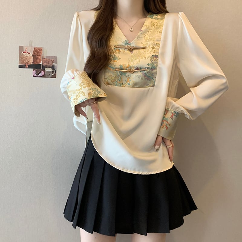 [YIPINSHAN Series]★Chinese style tops★ 2color tops shirt V-neck Chinese clothes Improve your temperament