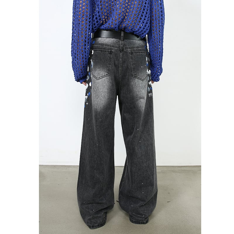 [M7 Series]★Denim Pants★ 2color Pants Bottoms Unisex Men's Graffiti Print Black Blue