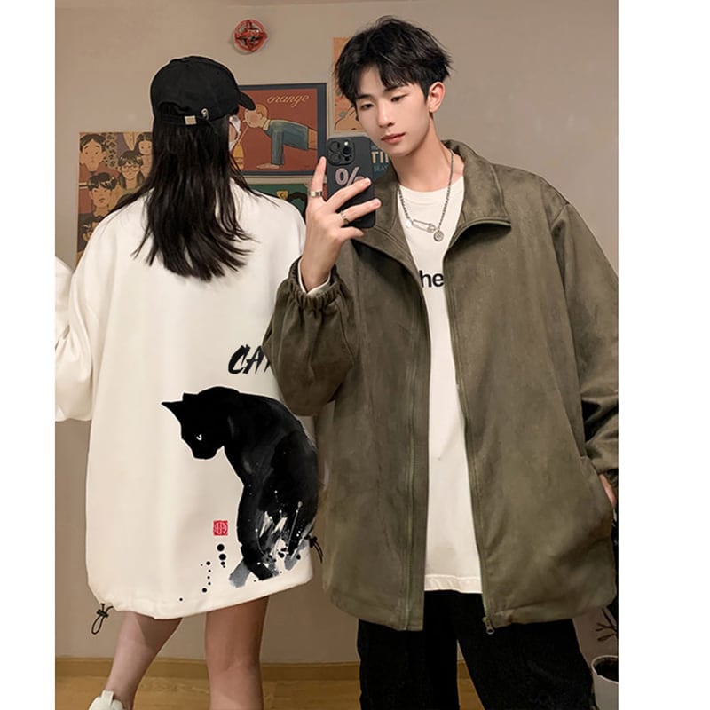 [WUSHE Series]★China style outerwear★ 4color Regular type or brushed lining type Jacket Cat Cat Cat Ink pattern Unisex Men's Large size