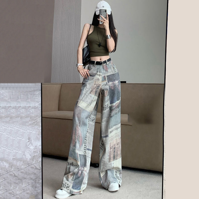 [OURI Series] ★Denim pants★ Trousers Bottoms Casual Easy to match Ladies Retro Print Unique