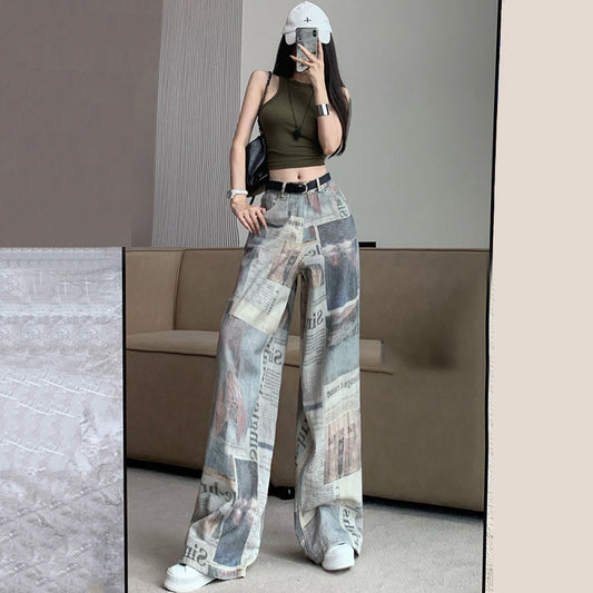 [OURI Series] ★Denim pants★ Trousers Bottoms Casual Easy to match Ladies Retro Print Unique