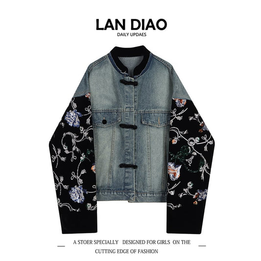 [LAN DIAO series]★China style outerwear★China style jacket switching unique denim blue black