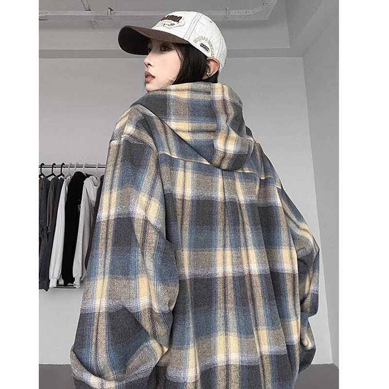 [CHAOMEICHEN Series] ★Outer★ 2color Shirt Outer Hood Plaid Pattern Unisex Men's Brown Blue