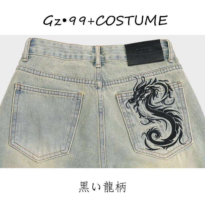 [GZ・99 Series]★China style pants★ 2color bottoms denim pants dragon pattern dragon pattern blue blue