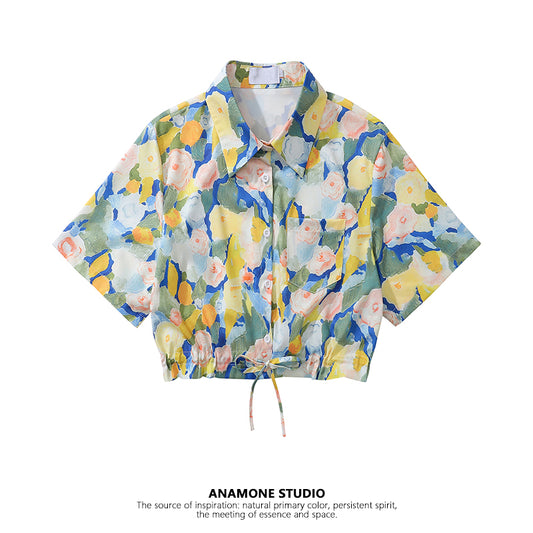 [ANAMONE STUDIO Series] ★Floral shirt★ Tops Short sleeve shirt SML Short length Print Improves your temperament Cute