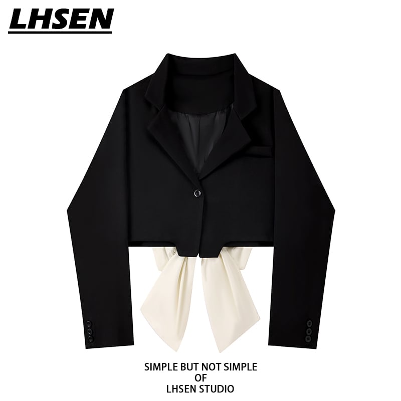 [LHSEN Series] ★Outer★ Blazer Jacket Short Length Ribbon Color Scheme Easy to Match Black Black