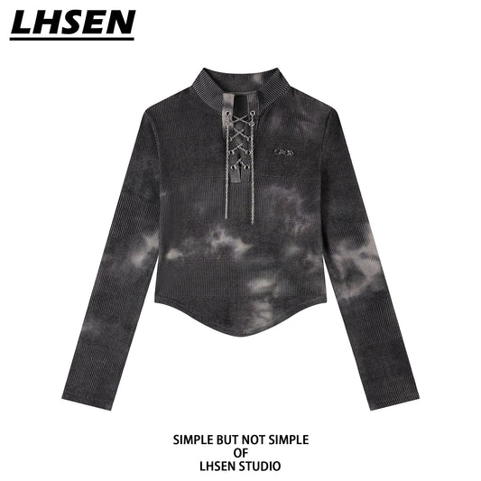 [LHSEN Series] ★Tops★ T-shirt, tie-dyed, slimming, ladies, retro, easy to match, with chain