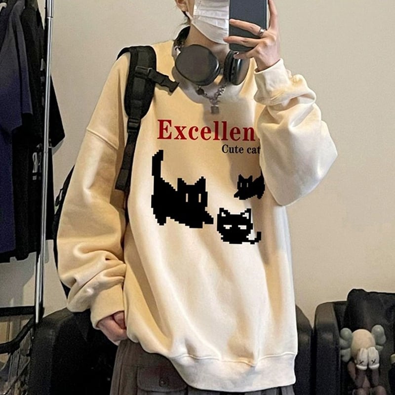 [XIHA Series] ★Tops★ 8color Sweatshirt Unisex Men's Large Size Cat Cat Blue White Black Gray Red Green