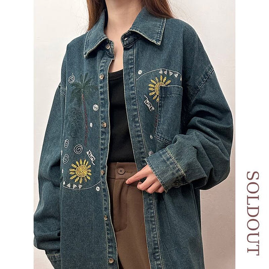 ✿New item! [SOLDOUT Series]★Shirt★ Embroidery long sleeve shirt tops denim shirt unisex men's casual