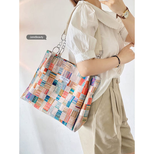 [JaneBeauty Series]★Bag★ Shoulder Large Capacity Graffiti Print Commuting Office Lady Date School Plaid Pattern Graffiti Color